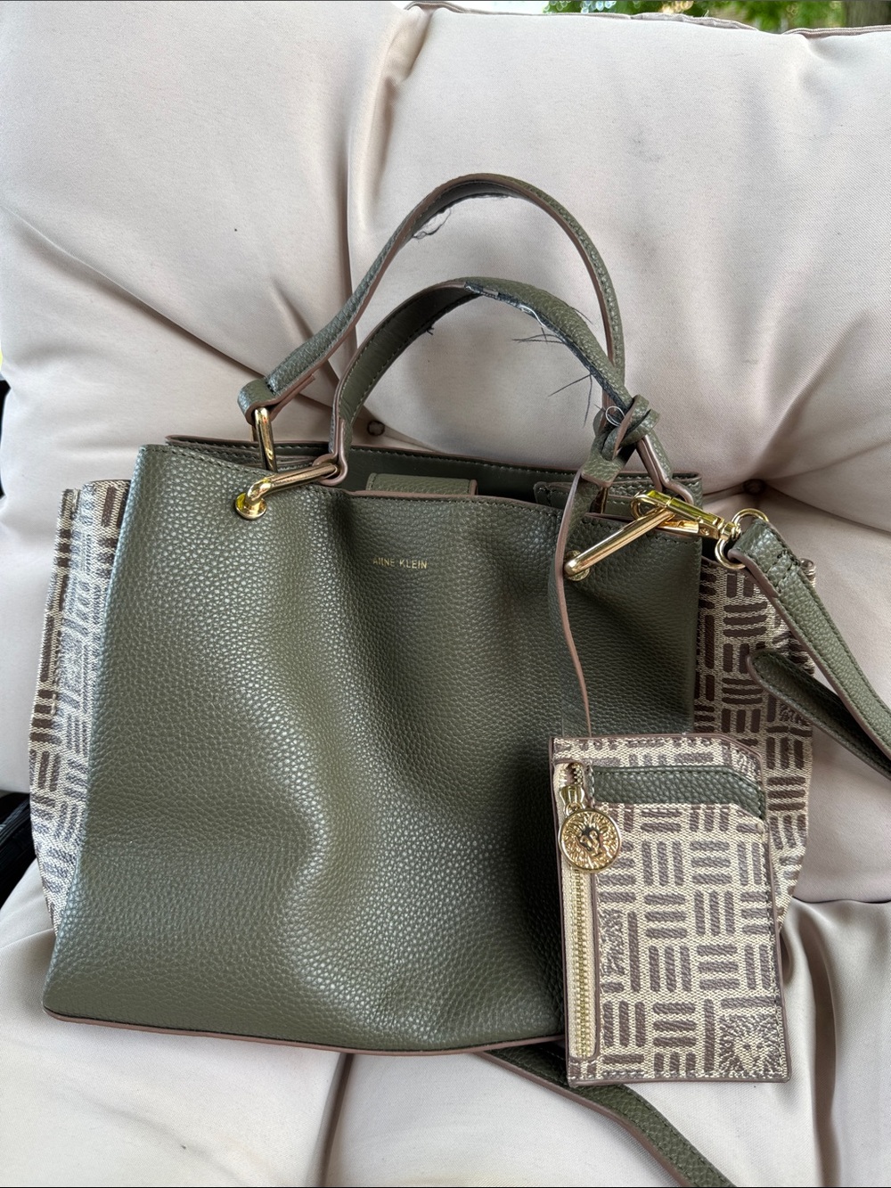 Anne Klein Olive Green Pebbled Tote with Monogram Panels